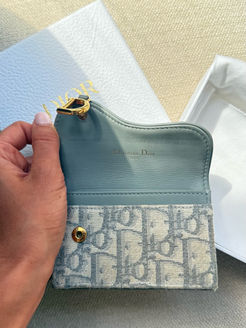 Dior Blue Saddle Card Case Wallet with Gold Hardware